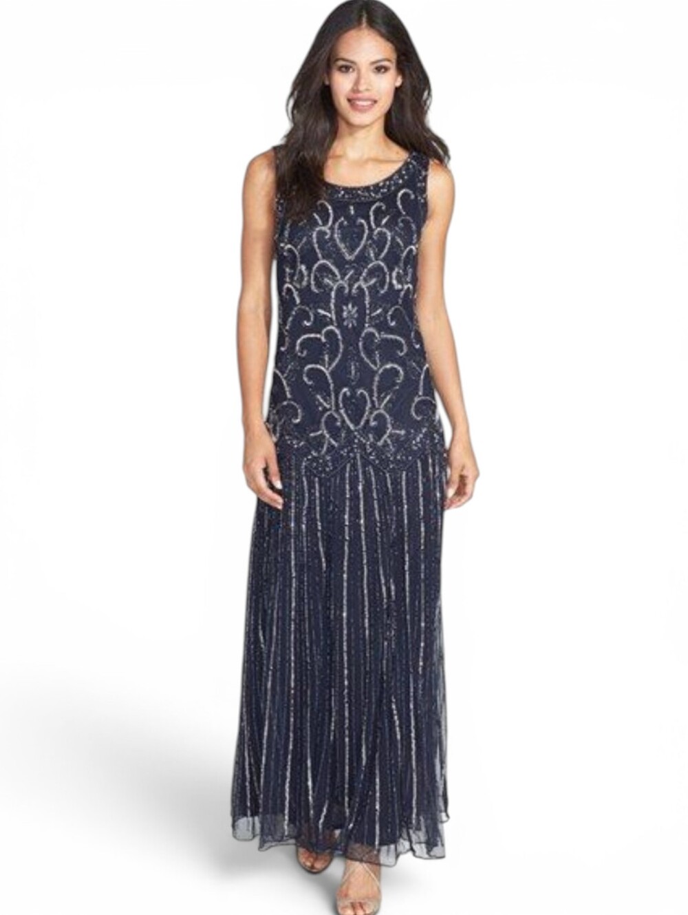 Glam Luxe Sleeveless Sapphire Navy Beaded Modern  Party Evening Gown EUC Sz 10p